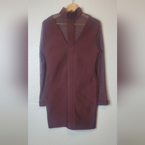 💚5/$25 Burgundy Mesh Long Sleeve Bodycon Stretch Bandage Dress Size Large - Picture 2 of 7